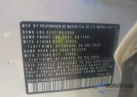 2018 Volkswagen Tiguan 2.0T S from USA, damaged, VIN 3VV1B7AX6JM009272